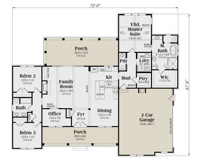 3BR, 2.5BA main level with office, family room, kitchen, pantry, mudroom, laundry, master suite, 2-car garage, porches. House Plan # 009-00484 Main Floor Floor Plan Drawing by America's Best House Plans, Inc.