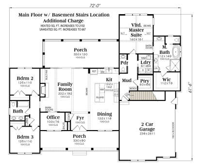 3BR, 2.5BA main level with office, family room, kitchen, pantry, mudroom, laundry, master suite, basement stairs, garage. House Plan # 009-00484 Main Floor w/ Basement Stairs Location Floor Plan Drawing by America's Best House Plans, Inc.