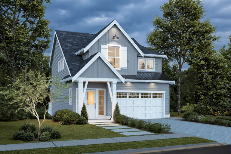 House Plan House Plan #34895 Angled Front Elevation at Dusk