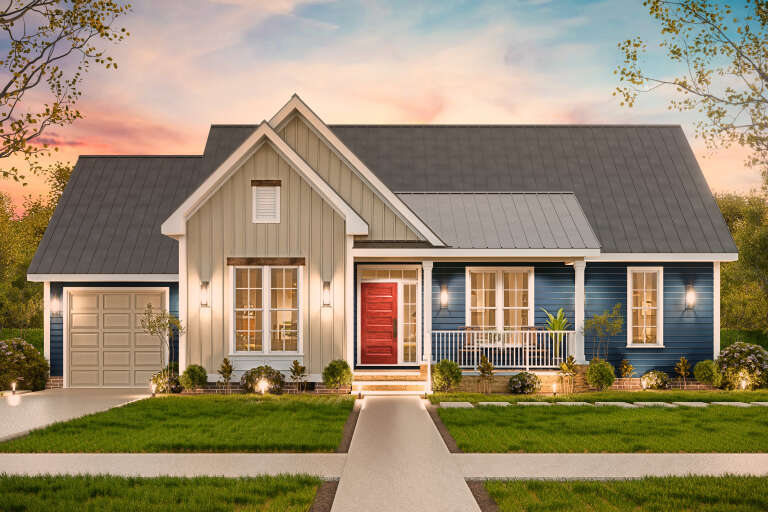 House Plan House Plan #34898 Front Elevation at Dusk
