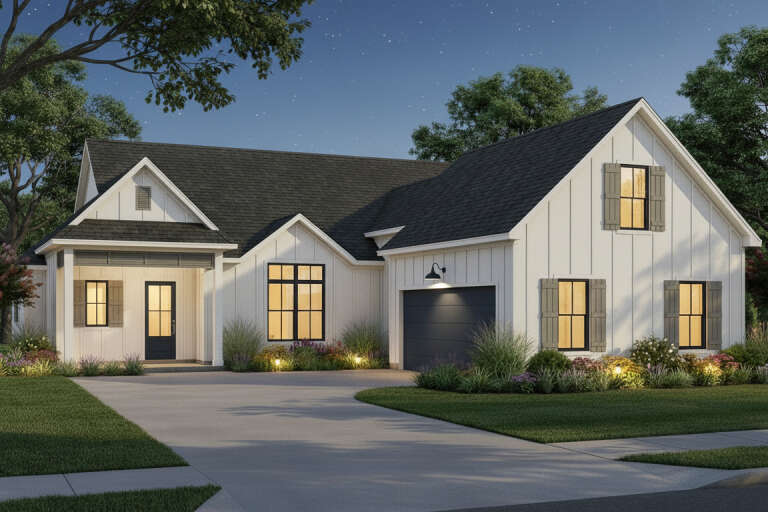 House Plan House Plan #34913 Angled Front Elevation at Dusk