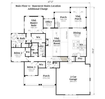 Main floor layout featuring basement stair location. House Plan # 009-00485 Main Floor w/ Basement Stairs Location Floor Plan Drawing by America's Best House Plans, Inc.