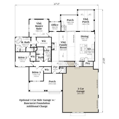 Basement foundation plan with optional 3-car garage footprint. House Plan # 009-00485 Basement Foundation w/ Optional 3 Car Garage Floor Plan Drawing by America's Best House Plans, Inc.