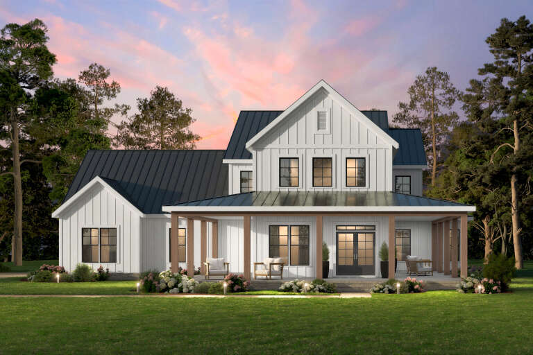 House Plan House Plan #34940 Front Elevation at Dusk
