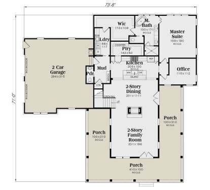 Main floor with 2-car garage, mudroom, laundry, WIC, master suite, office, kitchen, 2-story dining and family room. House Plan # 009-00486 Main Floor Floor Plan Drawing by America's Best House Plans, Inc.