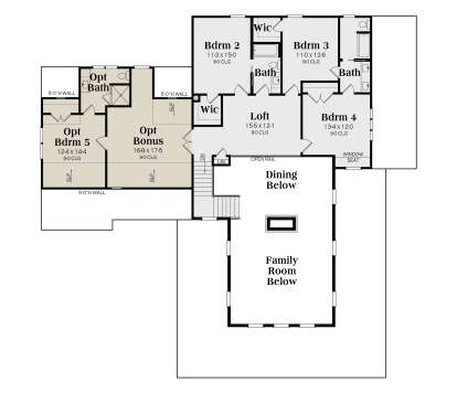 Second floor with 3 beds, loft, shared baths, WIC, and optional bed 5 and bonus room. House Plan # 009-00486 Second Floor Floor Plan Drawing by America's Best House Plans, Inc.