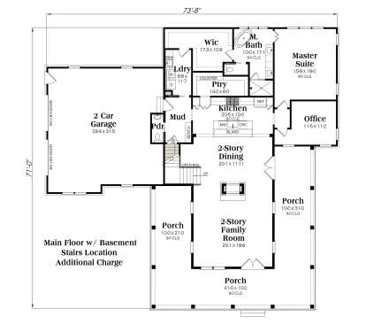 Main floor with basement stairs, 2-car garage, mudroom, laundry, master suite, office, and porches. House Plan # 009-00486 Main Floor w/ Basement Stairs Location Floor Plan Drawing by America's Best House Plans, Inc.
