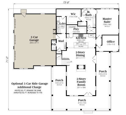 Main floor with optional 3-car garage, mudroom, laundry, master suite, office, and porches. House Plan # 009-00486 Main Floor w/ Optional 3 Car Garage Floor Plan Drawing by America's Best House Plans, Inc.