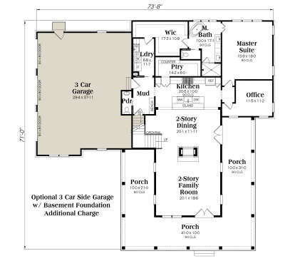 Basement foundation plan with optional 3-car garage layout. House Plan # 009-00486 Basement Foundation w/ Optional 3 Car Garage Floor Plan Drawing by America's Best House Plans, Inc.