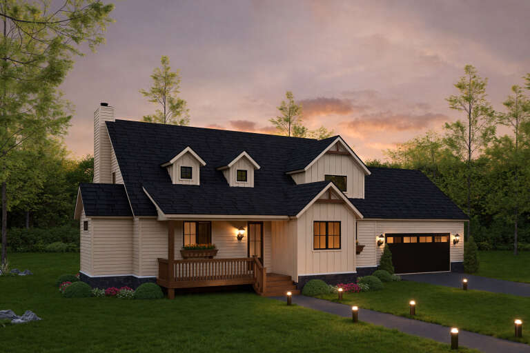 House Plan House Plan #34981 Angled Front Elevation at Dusk