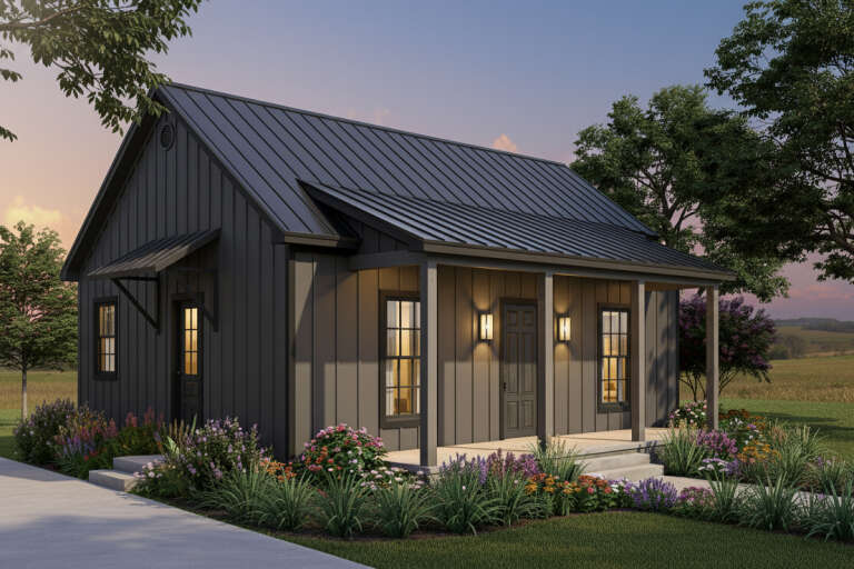 House Plan House Plan #34983 Angled Front Elevation at Dusk