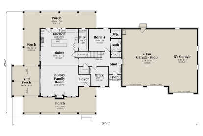 Main floor with 1 bed, 1.5 bath, kitchen, dining, 2-story family room, office, 2-car garage, RV garage, and porches. House Plan # 009-00487 Main Floor Floor Plan Drawing by America's Best House Plans, Inc.