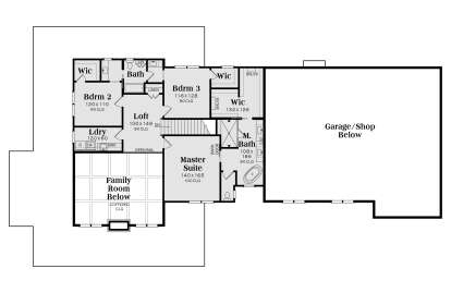 Second floor with master suite, 2 beds, loft, shared bath, laundry, WIC, and open-to-below family room. House Plan # 009-00487 Second Floor Floor Plan Drawing by America's Best House Plans, Inc.