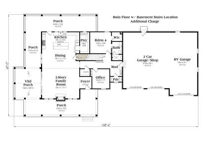 Main floor with basement stairs, 1 bed, 1.5 bath, kitchen, dining, 2-story family room, office, and garage. House Plan # 009-00487 Main Floor w/ Basement Stairs Location Floor Plan Drawing by America's Best House Plans, Inc.