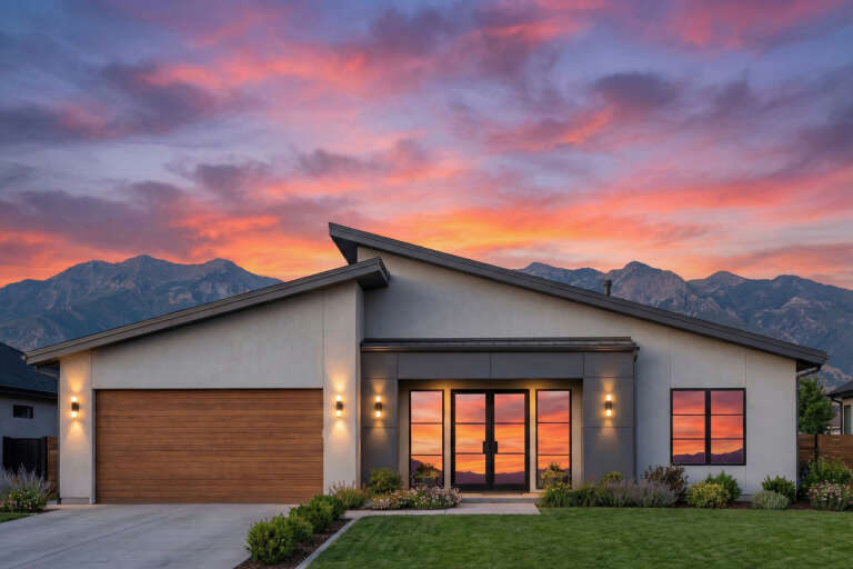 House Plan House Plan #34997 Front Elevation at Dusk