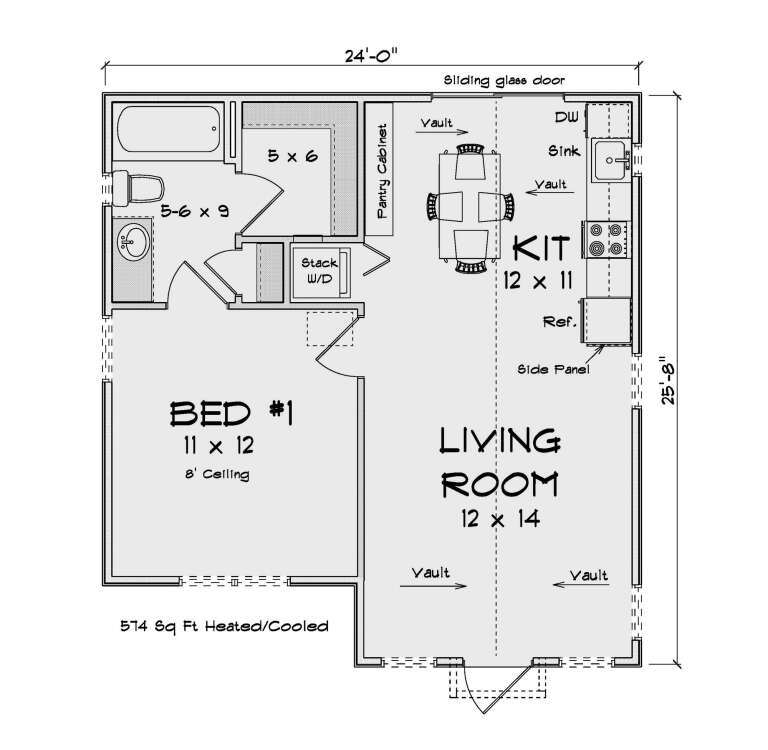 Cottage Plan - 574 Square Feet, 1 Bedroom, 1 Bathroom | Floor Plan ...