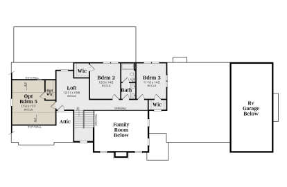 Upper level with 2 beds, loft, shared bath, attic, and open-to-below family room. House Plan # 009-00488 Second Floor Floor Plan Drawing by America's Best House Plans, Inc.