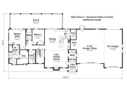 Main level with basement stairs, Master Suite, 1 addl BR, 2BA, kitchen, pantry, 2-car garage/shop, and RV garage. House Plan # 009-00488 Main Floor w/ Basement Stairs Location Floor Plan Drawing by America's Best House Plans, Inc.