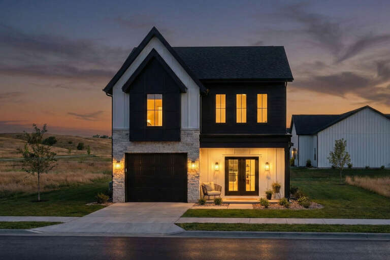 House Plan House Plan #35028 Front Elevation at Dusk