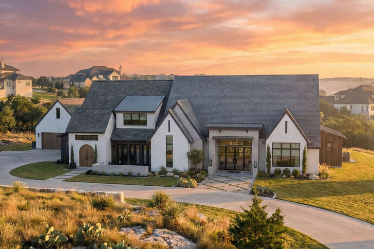 House Plan House Plan #35029 Angled Front Elevation at Dusk