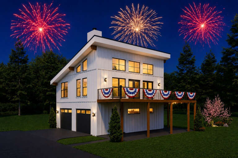 House Plan House Plan #35044 Angled Front Elevation at Dusk