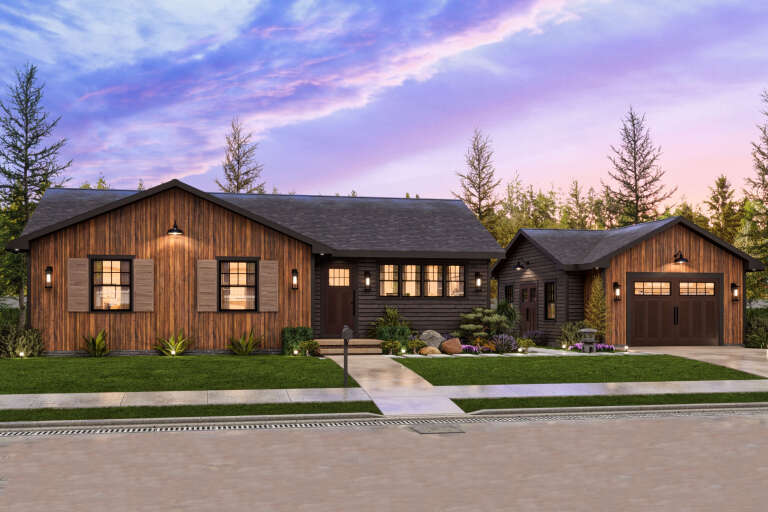 House Plan House Plan #35070 Angled Front Elevation at Dusk
