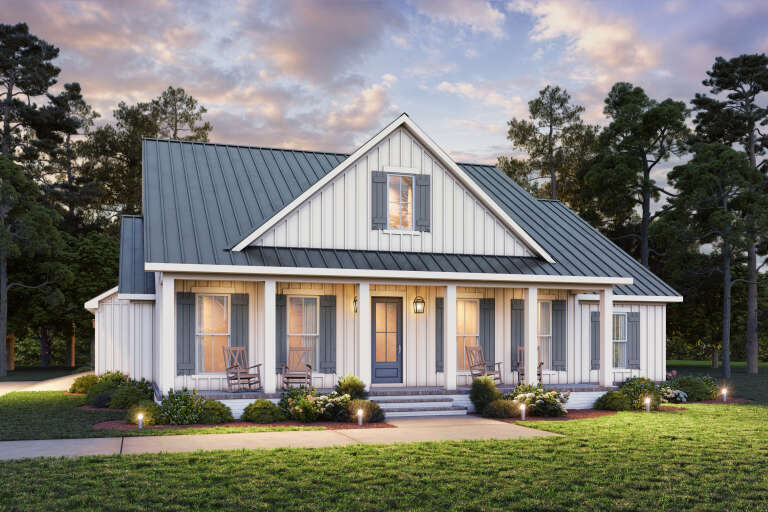 House Plan House Plan #35089 Angled Front Elevation at Dusk
