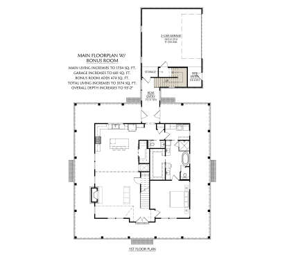 Main Floor w/ Optional Bonus Room: 1BR, 2BA, Kitchen, Living, Fireplace, 2-car garage, Stairs, Wraparound Porch, WIC, Ldry. House Plan # 4534-00155 Main Floor w/ Optional Bonus Room Floor Plan Drawing by America's Best House Plans, Inc.
