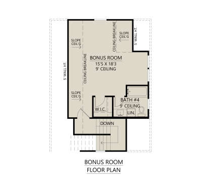 Optional Bonus Room, 1 BA, WIC, Linen closet, stairs. 9' ceilings with sloped ceiling areas. House Plan # 4534-00155 Optional Bonus Room Floor Plan Drawing by America's Best House Plans, Inc.