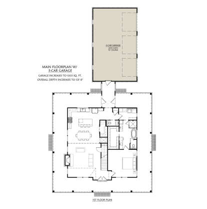 Main Floor w/ Optional 3 Car Garage: 1BR, 2BA, Kitchen, Dining, Living, Ldry, WIC, Stairs, Wrap-around Porch, Fireplace. House Plan # 4534-00155 Main Floor w/ Optional 3 Car Garage Floor Plan Drawing by America's Best House Plans, Inc.