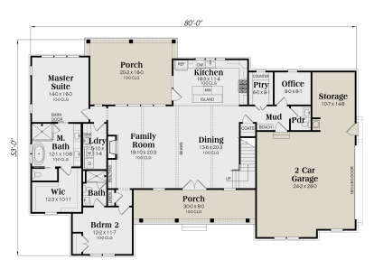 Main floor with 2BR, 2BA, kitchen, family room, dining, office, mudroom, pantry, 2-car garage, and covered porches. House Plan # 009-00489 Main Floor Floor Plan Drawing by America's Best House Plans, Inc.