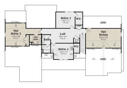 Upper level with 3BR, 2BA, loft, laundry, WIC, bonus room, and attic storage. House Plan # 009-00489 Second Floor Floor Plan Drawing by America's Best House Plans, Inc.