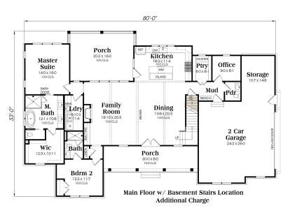 Main floor layout with basement stairs, 2BR, 2BA, open living area, office, and 2-car garage. House Plan # 009-00489 Main Floor w/ Basement Stairs Location Floor Plan Drawing by America's Best House Plans, Inc.