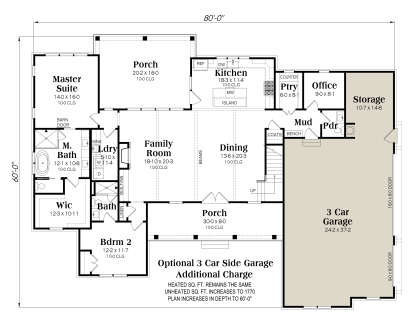 Main floor with 3-car garage, 2BR, 2BA, kitchen, family room, dining, office, and covered porches. House Plan # 009-00489 Main Floor w/ Optional 3 Car Garage Floor Plan Drawing by America's Best House Plans, Inc.