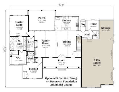 Basement foundation plan with 3-car garage layout, 2BR, 2BA, and open living area. House Plan # 009-00489 Basement Foundation w/ Optional 3 Car Garage Floor Plan Drawing by America's Best House Plans, Inc.
