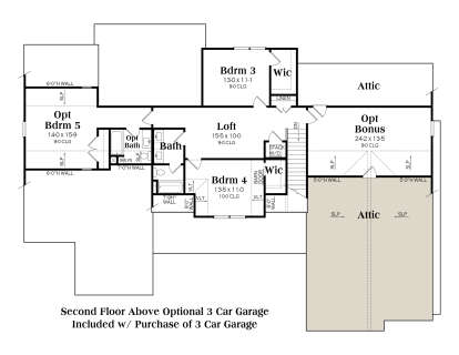 Second floor layout above 3-car garage with 3BR, 2BA, loft, laundry, bonus room, and attic space. House Plan # 009-00489 Second Floor Above Optional 3 Car Garage Floor Plan Drawing by America's Best House Plans, Inc.
