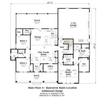 Main floor with basement stairs, 3BR, 2BA, vaulted family room, kitchen, dining, office, and 2-car garage. House Plan # 009-00491 Main Floor w/ Basement Stairs Location Floor Plan Drawing by America's Best House Plans, Inc.