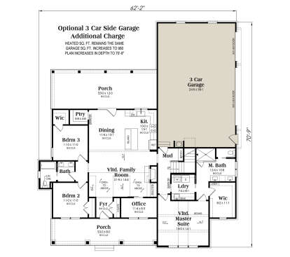 Main floor with optional 3-car garage, 3BR, 2BA, vaulted family room, kitchen, dining, office, and laundry. House Plan # 009-00491 Main Floor w/ Optional 3 Car Garage Floor Plan Drawing by America's Best House Plans, Inc.