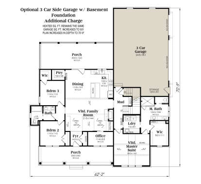 Basement foundation plan with optional 3-car garage layout, 3BR, 2BA, and open living areas. House Plan # 009-00491 Basement Foundation w/ Optional 3 Car Garage Floor Plan Drawing by America's Best House Plans, Inc.
