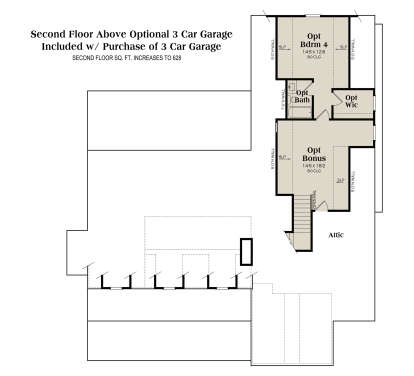 Second floor above optional 3-car garage with bedroom 4, bonus room, bath, WIC, and attic space. House Plan # 009-00491 Second Floor Above Optional 3 Car Garage Floor Plan Drawing by America's Best House Plans, Inc.