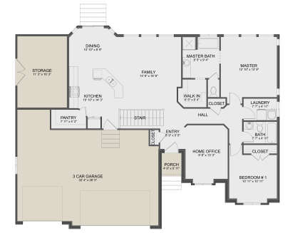 Main Floor: 2BR, 2BA, Kitchen, Dining, Family, Office, Pantry, Ldry, 3-car garage, Storage, Porch, Stairs, WIC. House Plan # 2802-00491 Main Floor  Floor Plan Drawing by America's Best House Plans, Inc.