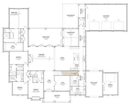 Main Floor w/ Basement Stairs: 4BR, 3.5BA, Living, Dining, Kitchen, Office, Pantry, Ldry, 4-car garage, Porch, Patio, Fireplace. House Plan # 7983-00187 Main Floor w/ Basement Stairs Location Floor Plan Drawing by America's Best House Plans, Inc.