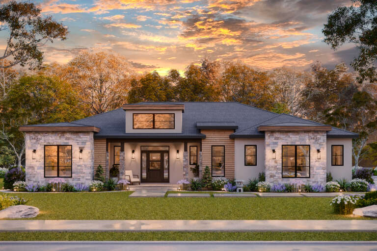 House Plan House Plan #35177 Front Elevation at Dusk