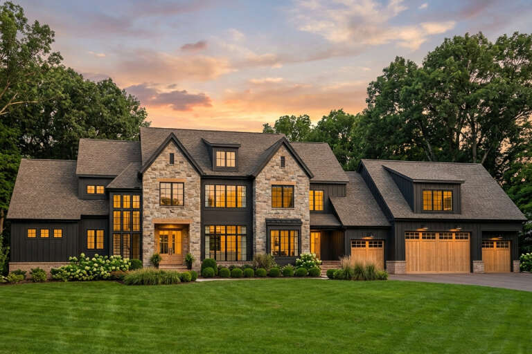 House Plan House Plan #35180 Angled Front Elevation at Dusk