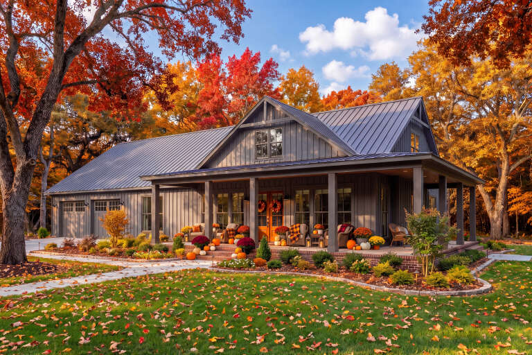 Angled front view of a grey house in Barndominium style, metal roof, wrap-around porch, and autumn landscape. House Plan # 041-00423