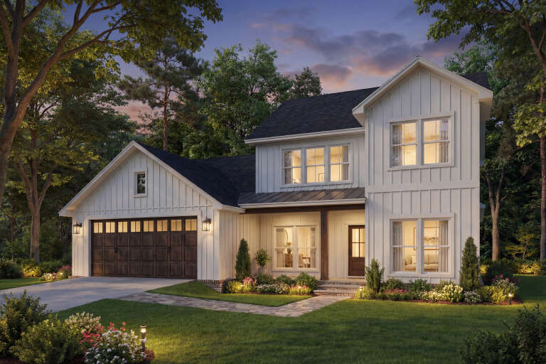 House Plan House Plan #35195 Angled Front Elevation at Dusk