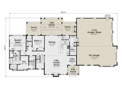 Main floor with master suite, 1 bed, 2 baths, kitchen, dining, 2-story family room, pantry, laundry, and 3-car garage. House Plan # 009-00492 Main Floor Floor Plan Drawing by America's Best House Plans, Inc.