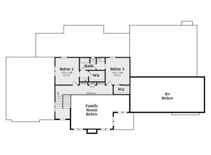 Upper level with 2 bedrooms, shared bath, WIC, open rail, and views to lower level family room and RV garage. House Plan # 009-00492 Second Floor Floor Plan Drawing by America's Best House Plans, Inc.