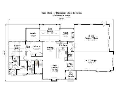 Main floor with master suite, 1 bed, 2 baths, kitchen, dining, 2-story family room, pantry, laundry, and basement stairs. House Plan # 009-00492 Main Floor w/ Basement Stairs Location Floor Plan Drawing by America's Best House Plans, Inc.