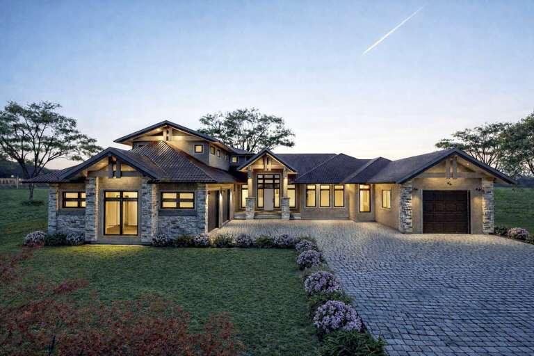 House Plan House Plan #35215 Front Elevation at Dusk